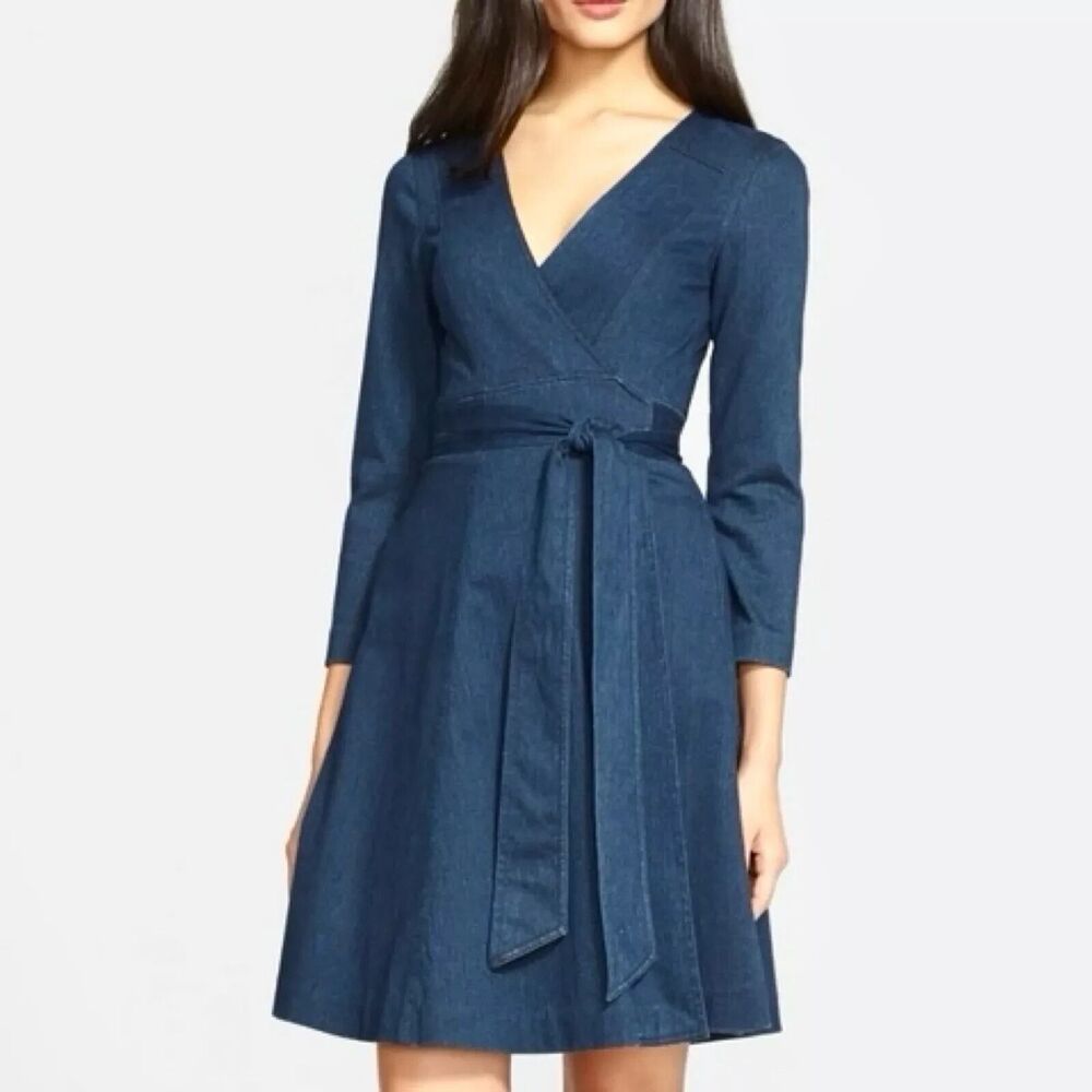 Diane Von Furstenberg Stretch Denim Blue Christa A-Line Wrap Dress Size 4